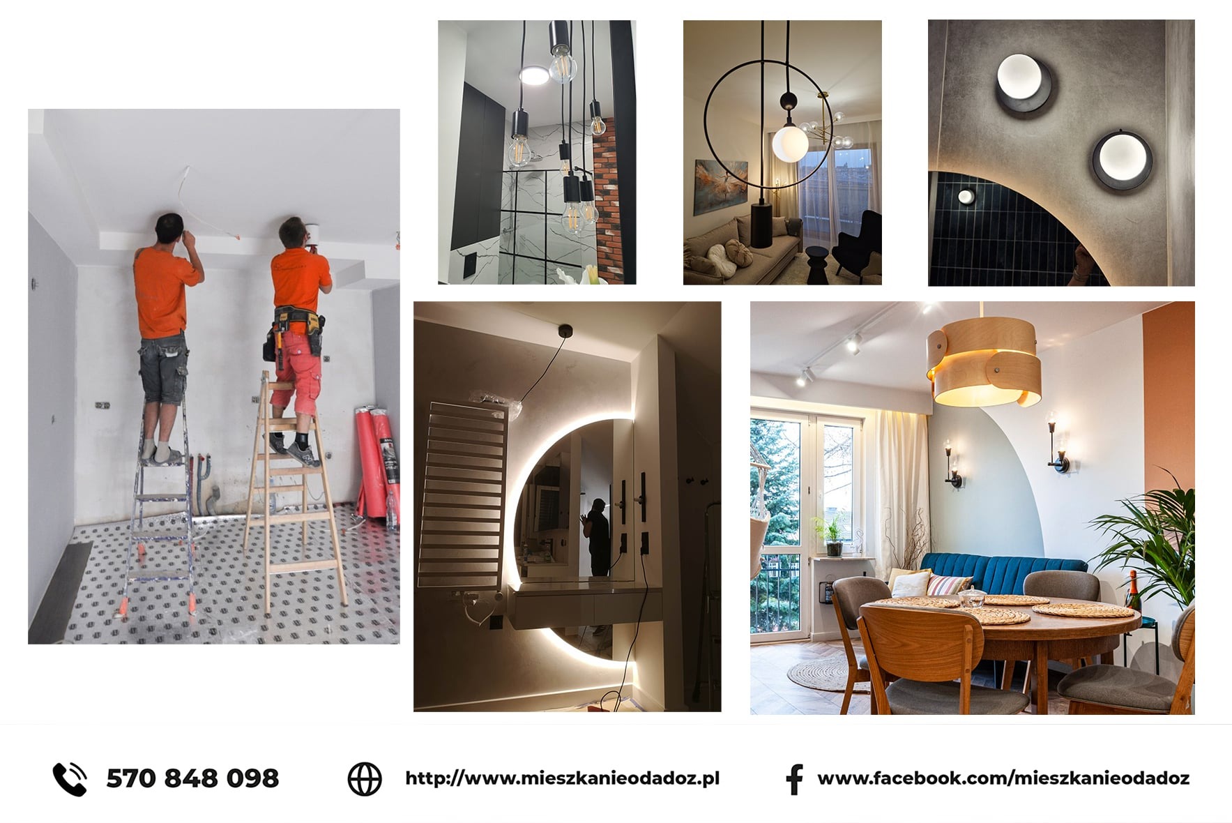 Mozaika zdjęć: montaż oświetlenia przez elektryków na drabinach, różne aranżacje lamp, nowoczesne lampy wiszące i ścienne w salonie i łazience, ciepłe światło.