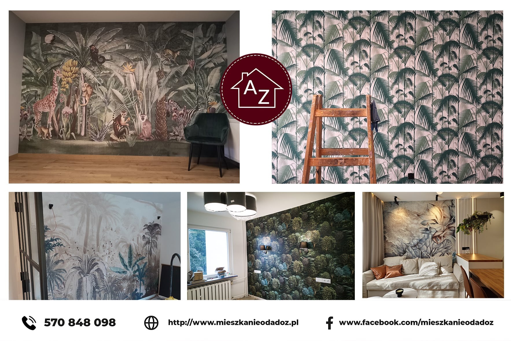 Kolaż zdjęć przedstawiających różnorodne tapety ścienne z motywami roślinnymi i zwierzęcymi, prezentowane w różnych aranżacjach wnętrz.
