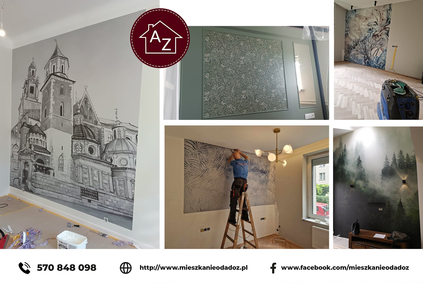 Montaż tapet z motywami: panoramy miasta, roślinne wzory, leśny pejzaż. Pracownik na drabinie podczas aplikacji tapety w pokoju z nowoczesną lampą.