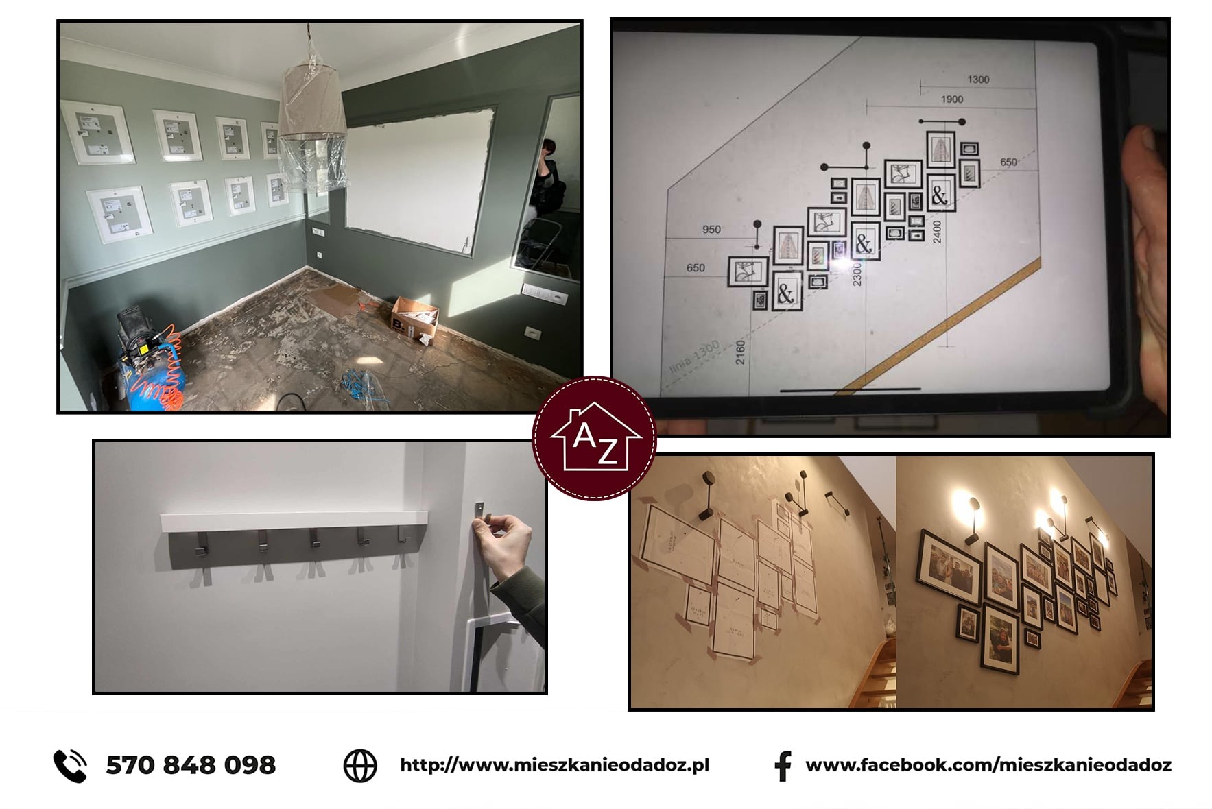 Montaż galerii ściennej: plan na tablecie, wieszanie półki z haczykami, aranżacja pustych ramek i efekt końcowy z oświetleniem. Układanka z wspomnień.