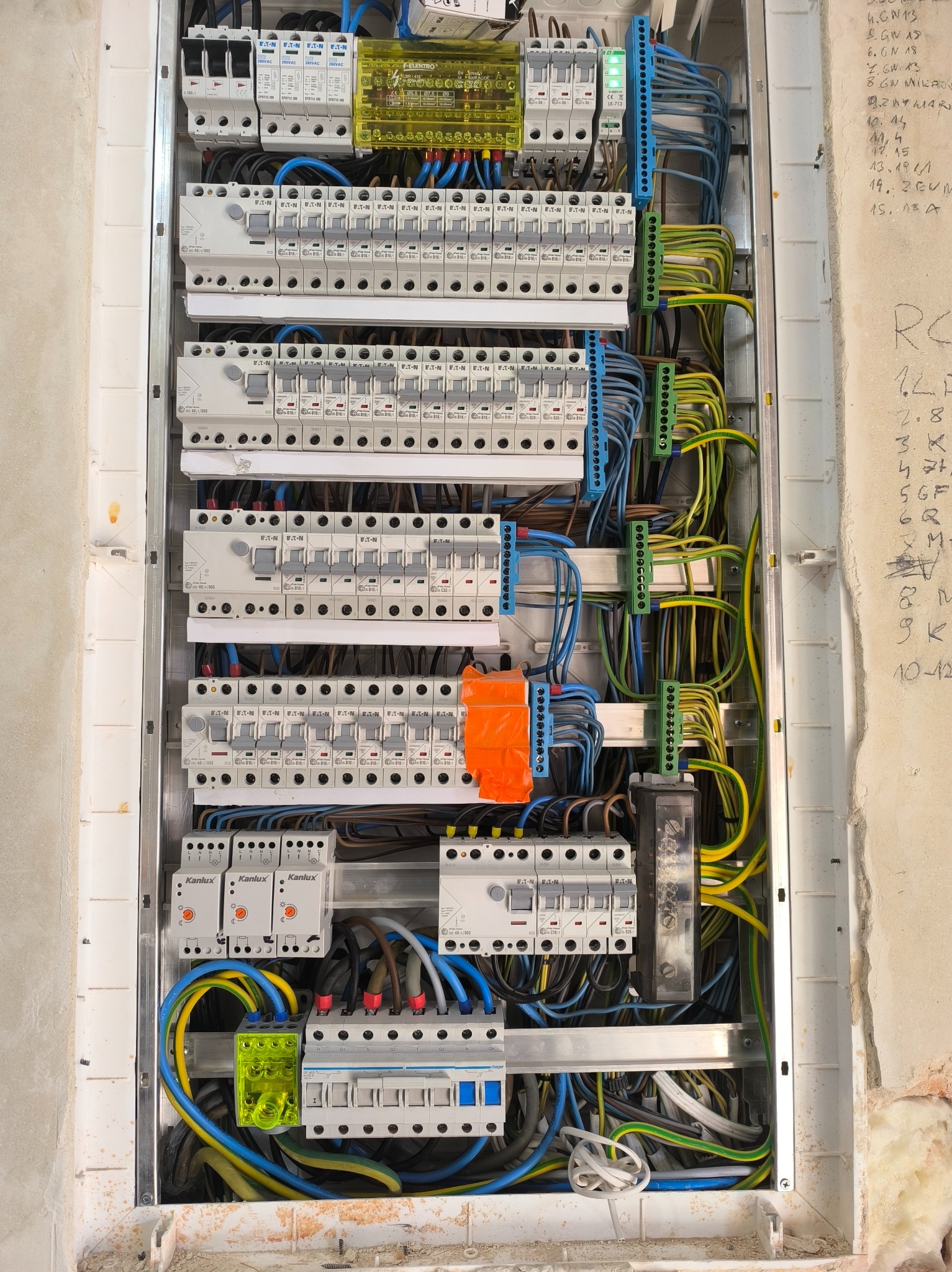 Rozdzielnica elektryczna w trakcie montażu, widoczne liczne przewody, bezpieczniki i listwy zaciskowe. Elementy marki Eaton i Kanlux. Ściana z notatkami.