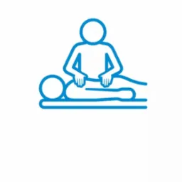 Niebieski piktogram: osoba wykonuje masaż pleców na leżącym pacjencie. Prosty, liniowy rysunek na białym tle.