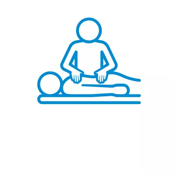 Niebieski piktogram: osoba wykonuje masaż pleców na leżącym pacjencie. Prosty, liniowy rysunek na białym tle.