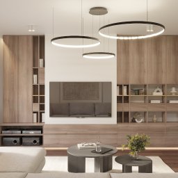 CM Studio - Nowoczesny salon z drewnianą zabudową meblową, okrągłymi lampami sufitowymi i szarą sofą. Minimalistyczny design z dbałością o detale i oświetlenie.