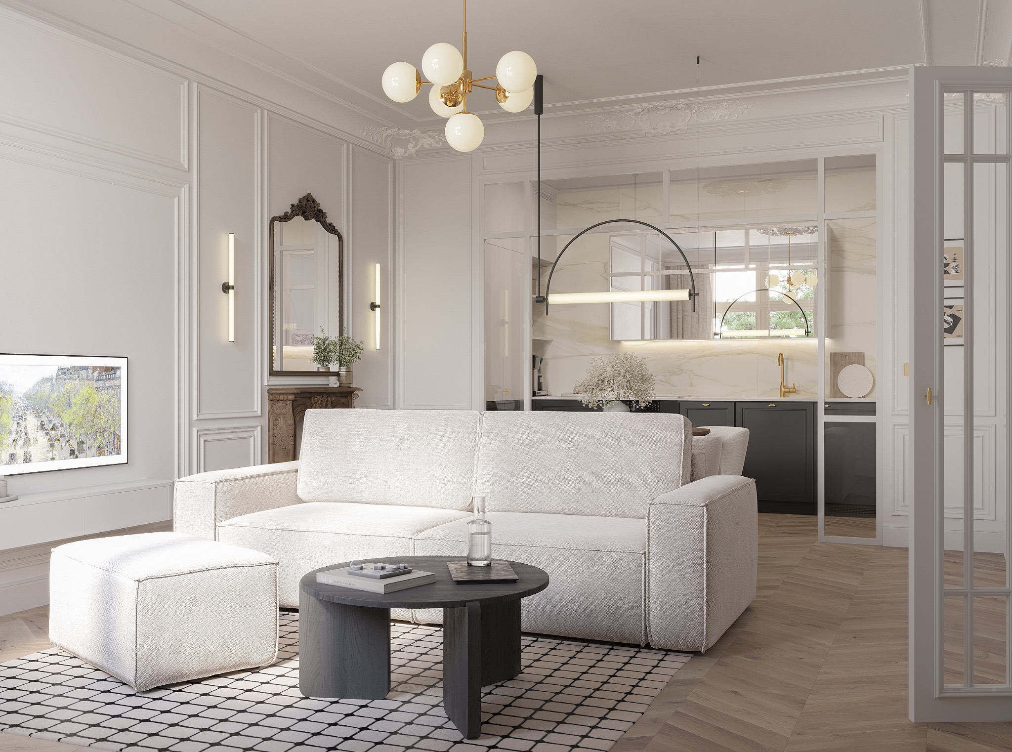 Elegancki salon z sofą w odcieniach bieli, stolikiem kawowym i otwartą kuchnią z marmurowym blatem. Klasyczne sztukaterie zdobią ściany.