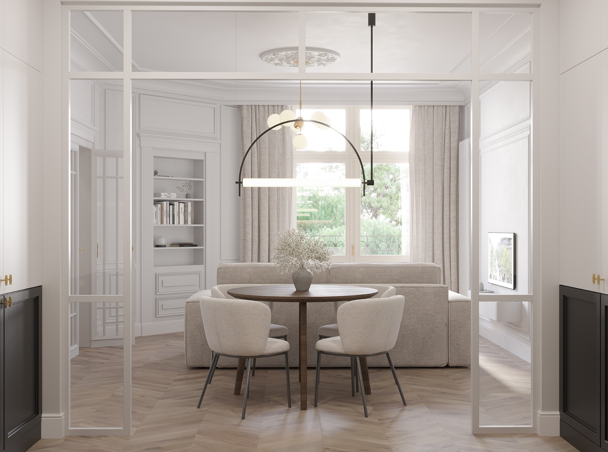 Jasne, eleganckie wnętrze: stół z krzesłami na tle sofy i okna, widoczne przez szklane drzwi. Parkiet w jodełkę, minimalistyczne oświetlenie.