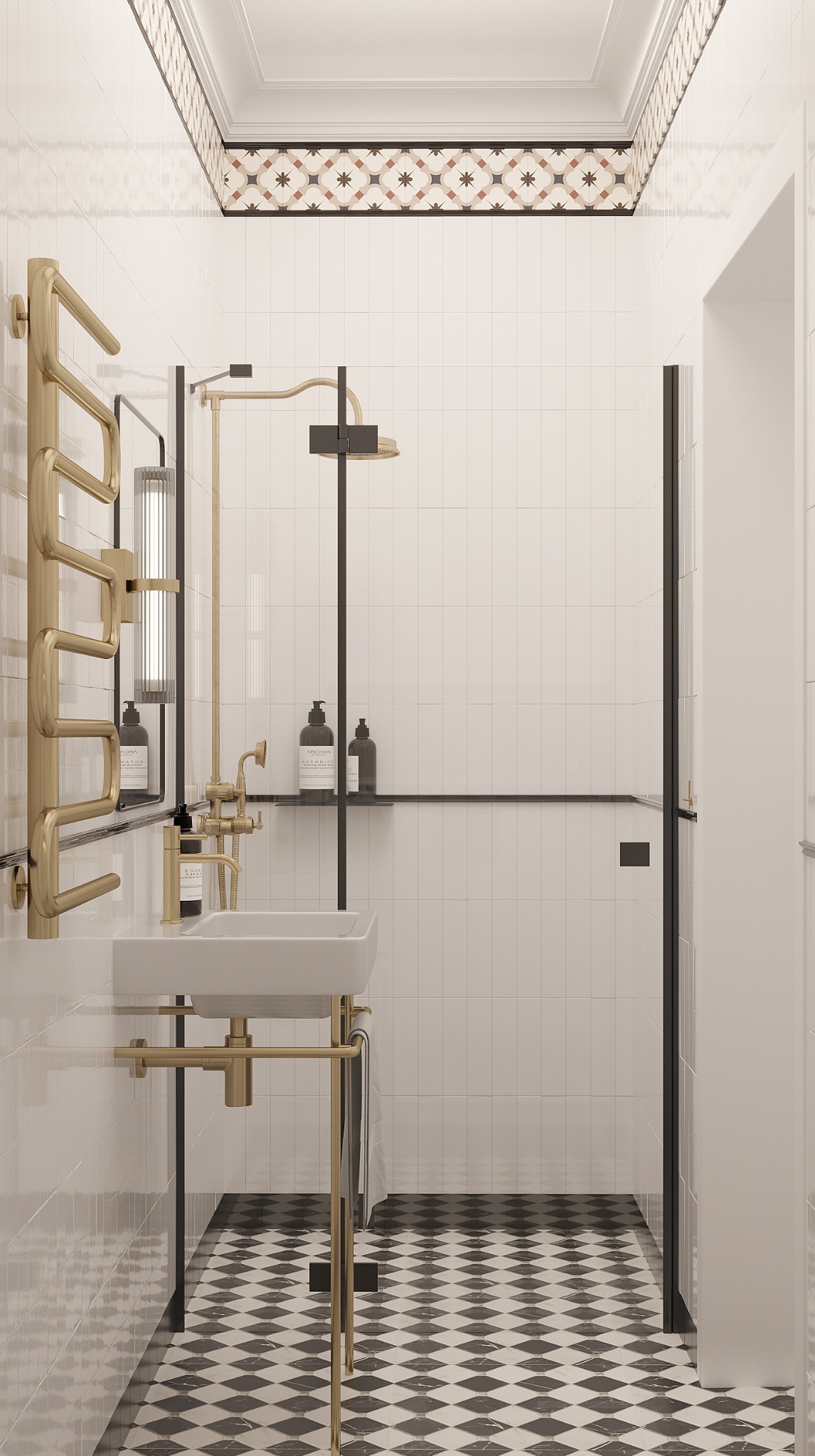 Elegancka łazienka z kabiną prysznicową, białe kafelki, czarno-biała podłoga w romby, złota armatura i dekoracyjny pas płytek pod sufitem. Nowoczesny design.
