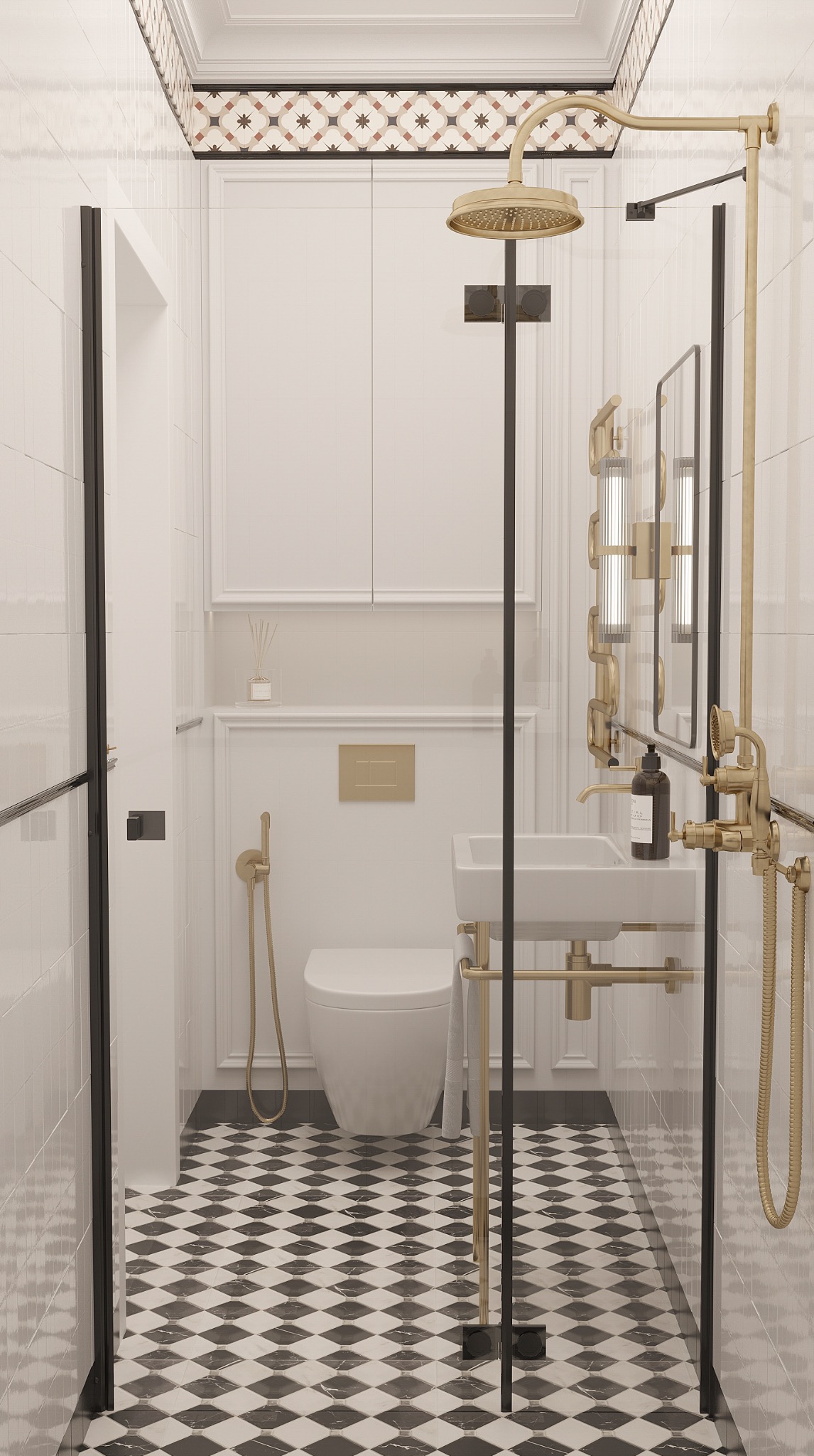 Elegancka łazienka z kabiną prysznicową, białą armaturą i czarno-białą podłogą w karo. Złote detale i oświetlenie dodają luksusowego charakteru.