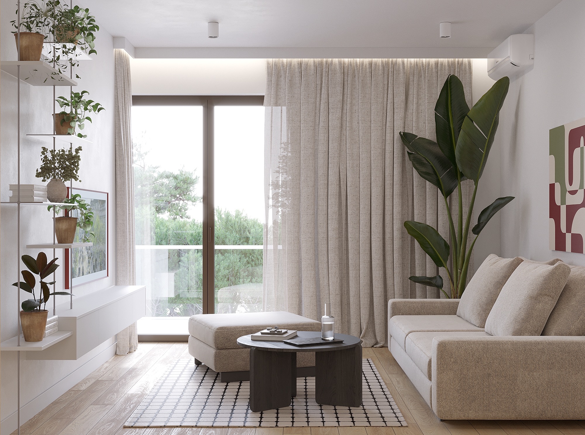 Jasny salon z sofą, stolikiem kawowym, roślinami i dużym oknem. Minimalistyczny design, neutralna kolorystyka, naturalne światło. Widok na zieleń za oknem.