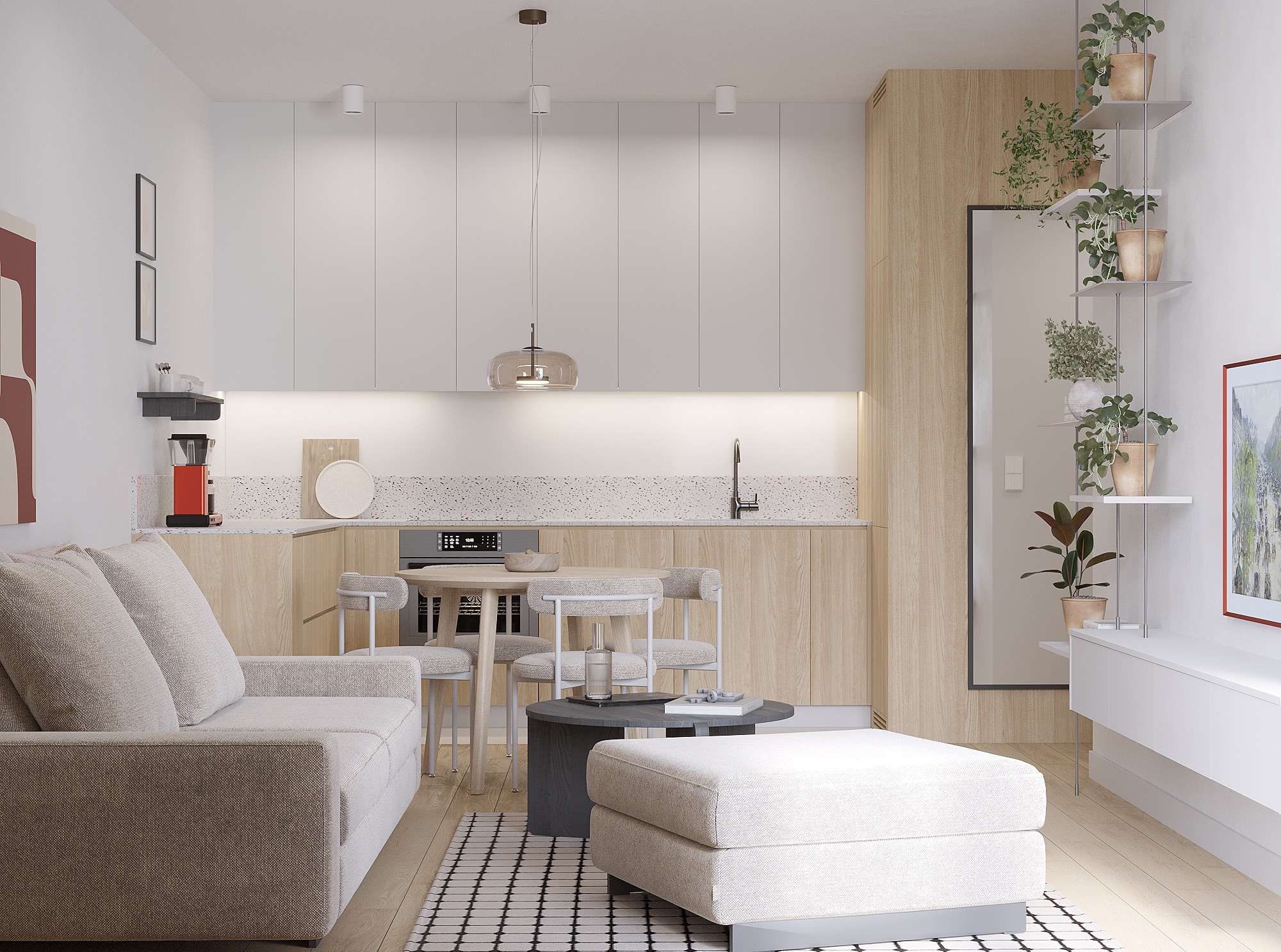 Jasne, nowoczesne wnętrze mieszkania z beżową sofą, okrągłym stołem jadalnym i roślinami na półkach. Styl skandynawski, minimalistyczny design i naturalne materiały.