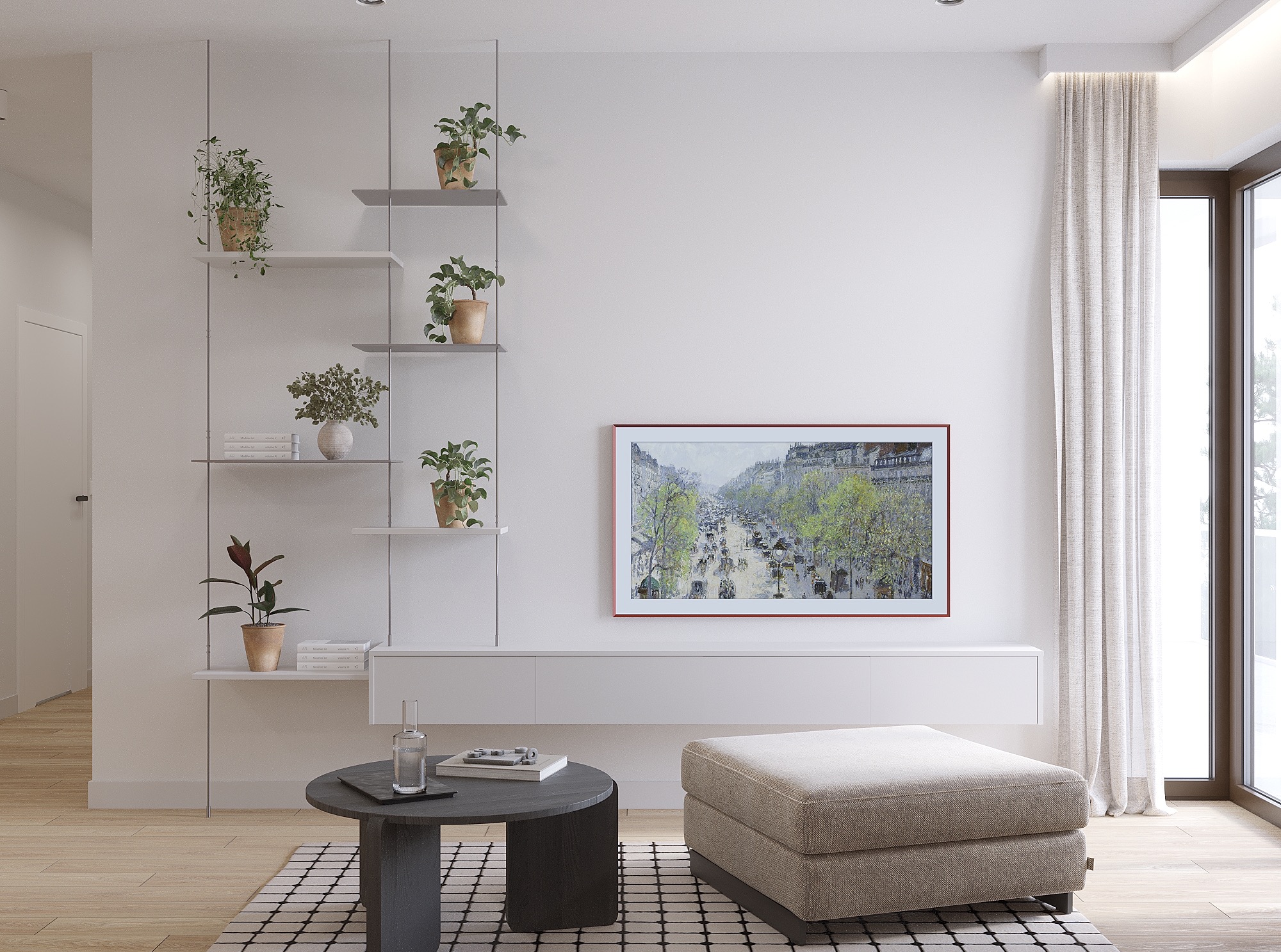 Jasne wnętrze z minimalistyczną półką na rośliny, obrazem w ramie i pufą. Stonowana kolorystyka, naturalne światło wpadające przez okno.