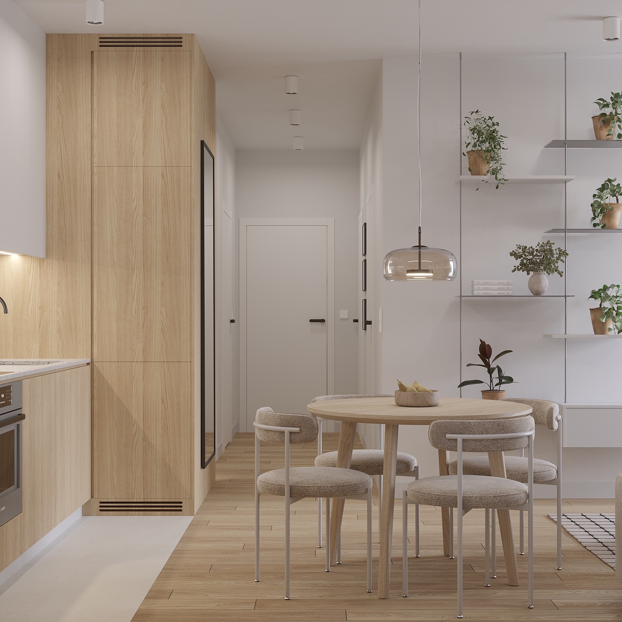 Jasne wnętrze mieszkania: drewniana zabudowa kuchenna, okrągły stół z krzesłami, półki z roślinami. Minimalistyczny design, naturalne materiały, ciepłe oświetlenie.