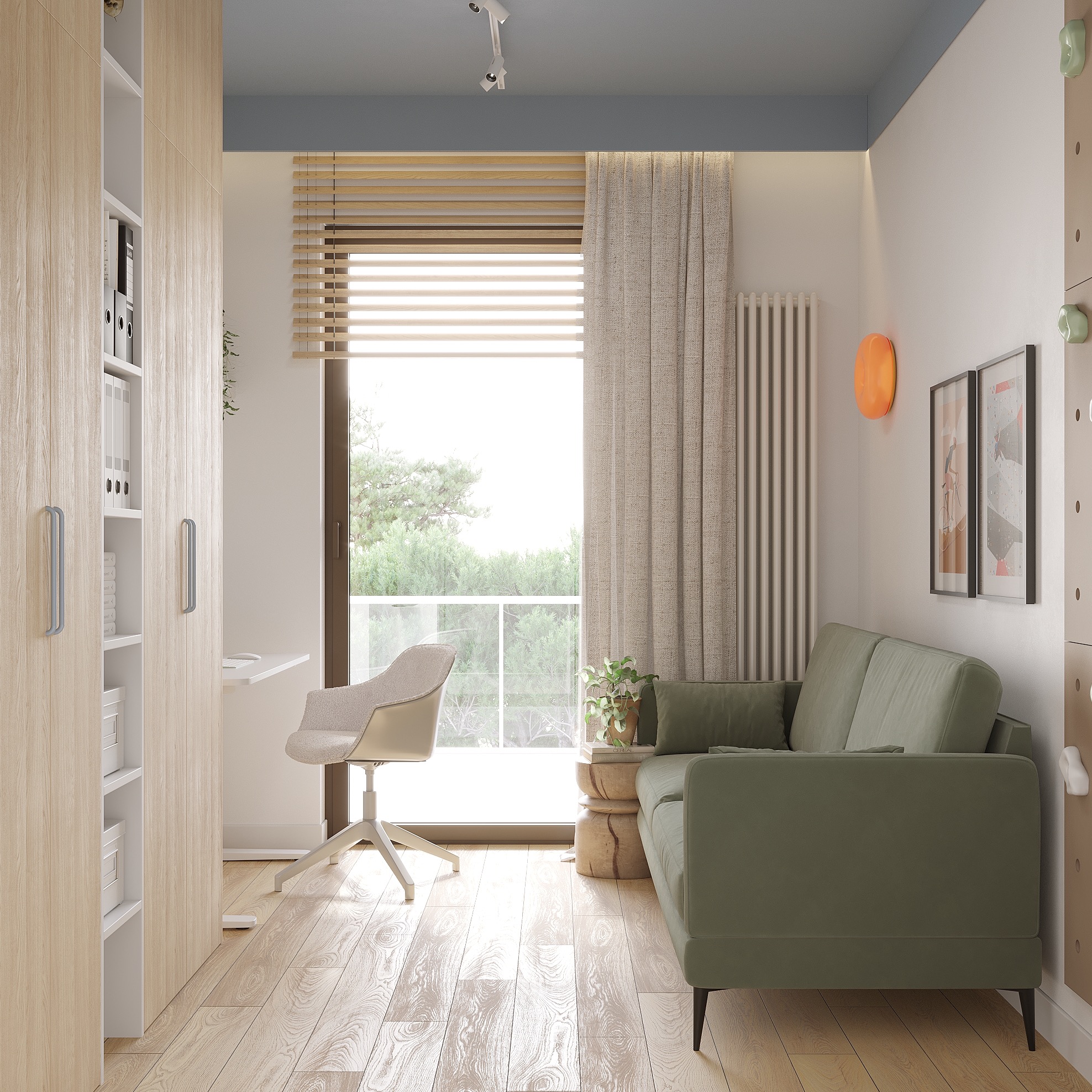 Jasne wnętrze pokoju z biurkiem, sofą i regałem. Naturalne światło przez okno z żaluzjami. Minimalistyczny design, drewniana podłoga i akcenty kolorystyczne.