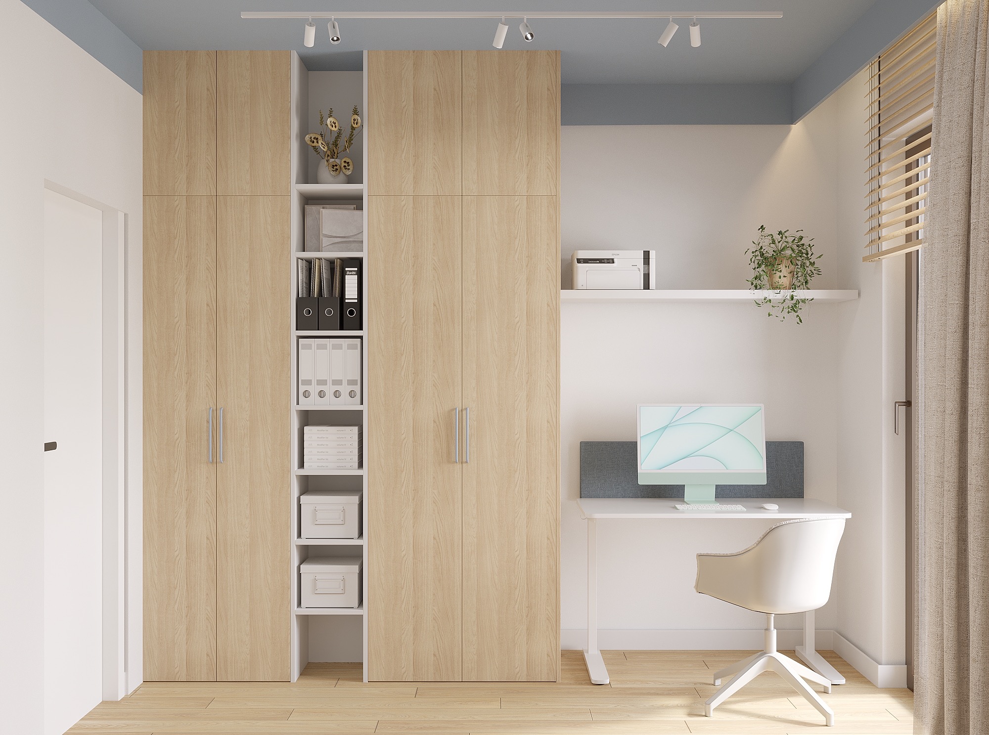 Jasne biuro z drewnianą szafą, biurkiem i krzesłem. Minimalistyczny design, oświetlenie punktowe i roślina na półce dodają przytulności. Estetyczne miejsce pracy.