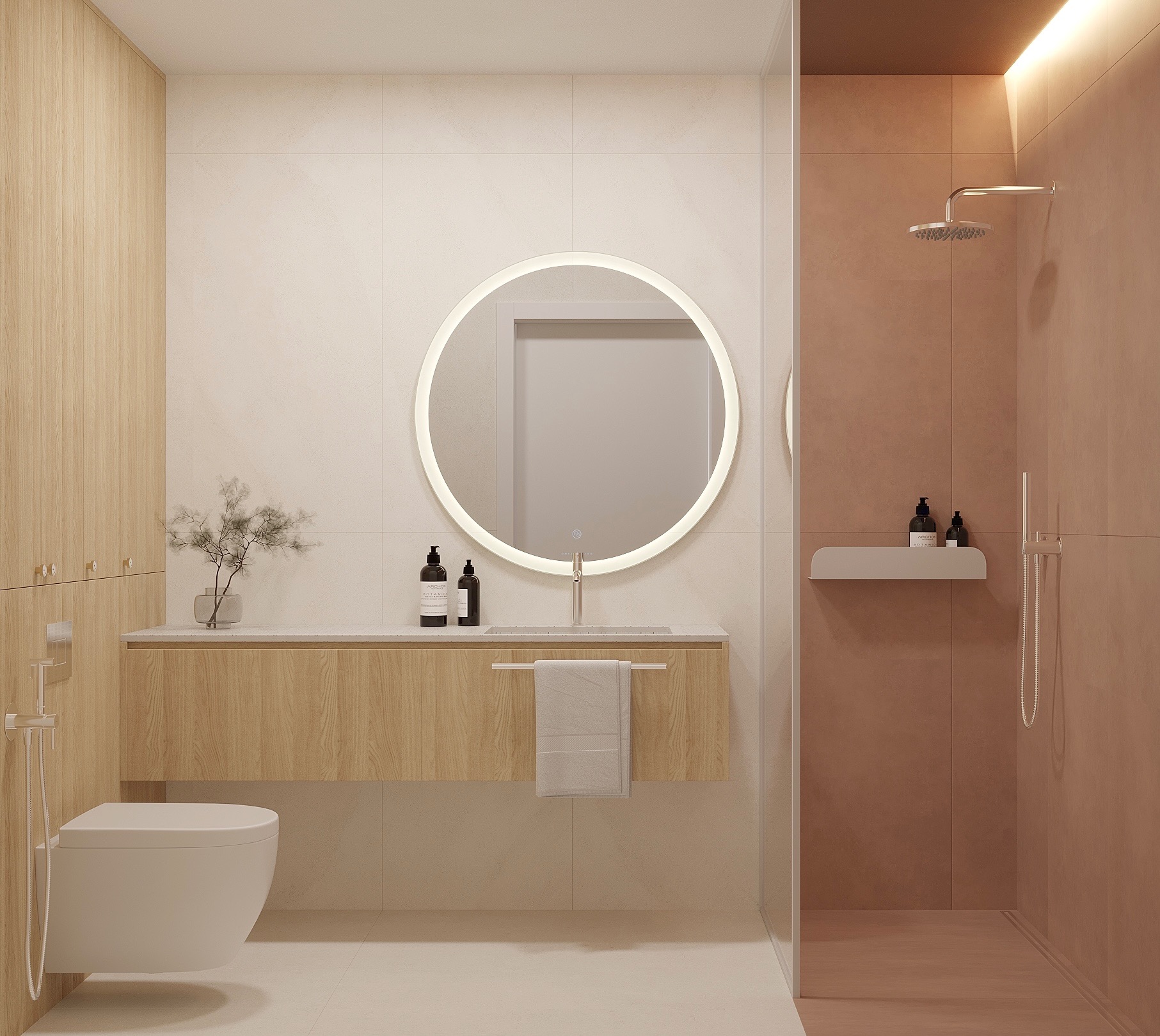 Jasna łazienka z drewnianą szafką pod umywalką, okrągłym lustrem z podświetleniem LED i kabiną prysznicową w odcieniach brązu. Minimalistyczny design, ciepłe oświetlenie.