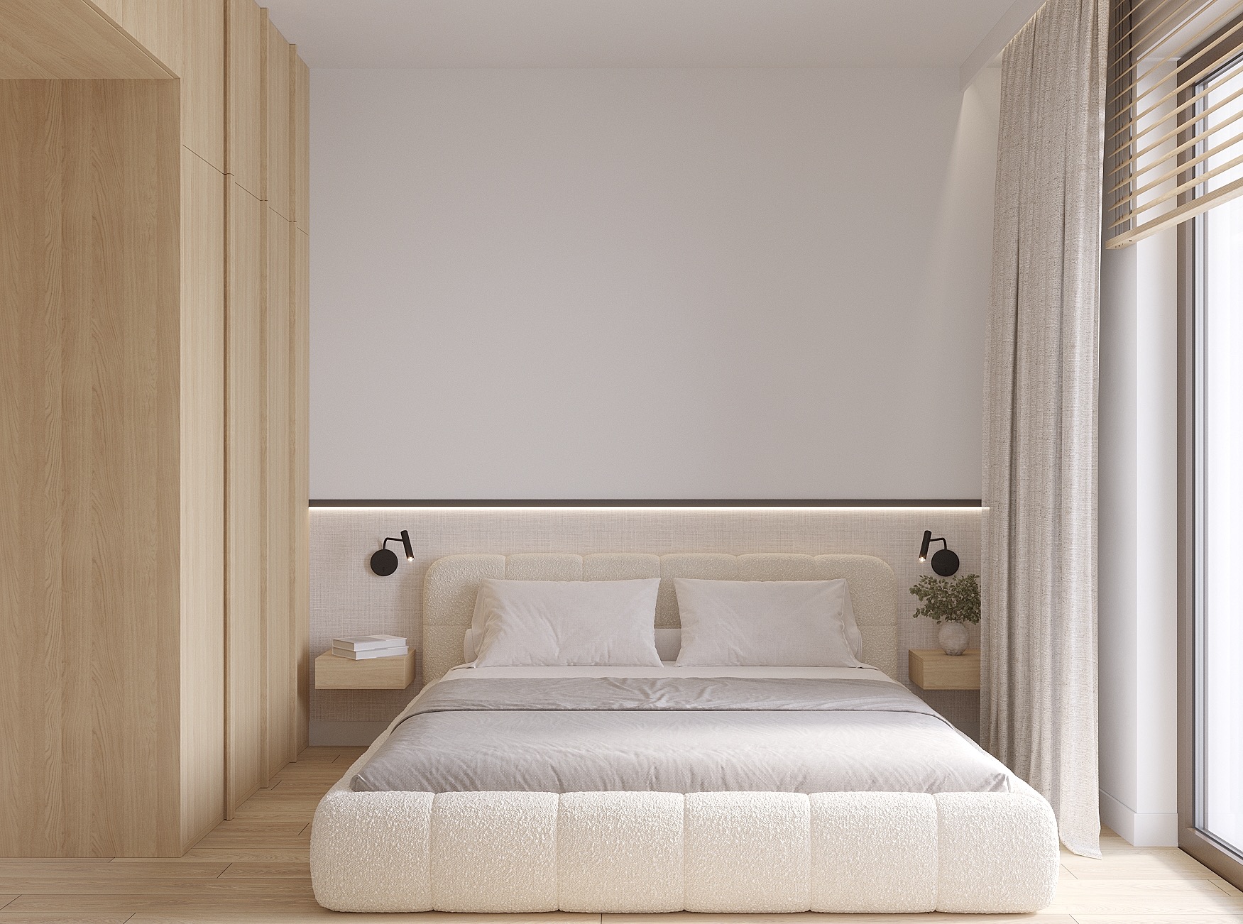 Jasna sypialnia w neutralnych barwach: tekstylne łóżko, drewniana podłoga i szafa w zabudowie. Minimalistyczne lampki nocne i roślina doniczkowa.