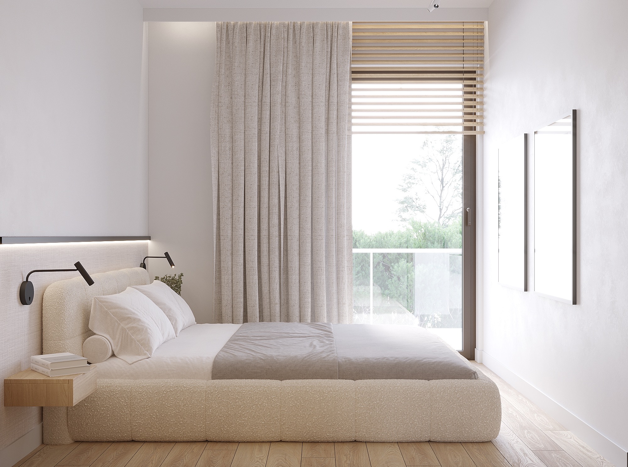 Jasna sypialnia z łóżkiem o teksturowanym obiciu, drewnianą podłogą i oknem z żaluzjami. Widoczne lampki nocne i minimalistyczne dekoracje.