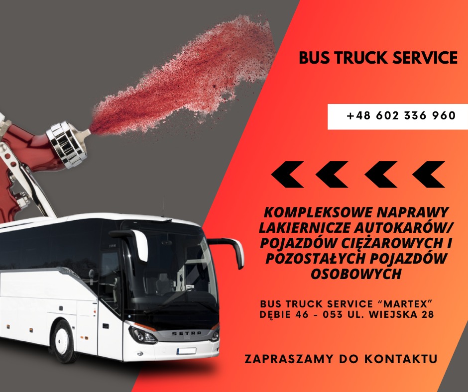 Autokar i pistolet lakierniczy z rozpyloną farbą. Grafika reklamowa warsztatu oferującego kompleksowe naprawy i lakierowanie pojazdów ciężarowych i osobowych.