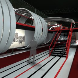 JAKUB SZELĄG PROJEKTOWANIE WNĘTRZ - Awangardowa wizualizacja wnętrza z białymi łukami, czerwonymi schodami i sylwetką człowieka na tle historycznego zdjęcia budynku.