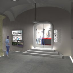 JAKUB SZELĄG PROJEKTOWANIE WNĘTRZ - Wnętrze z łukowym sufitem, przeszklonym wejściem i dekoracyjnym panelem ściennym. Widoczna postać kobiety i osoby wchodzące do pomieszczenia. Nowoczesne oświetlenie.