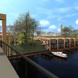 JAKUB SZELĄG PROJEKTOWANIE WNĘTRZ - Wizualizacja przystani wodnej z minimalistyczną architekturą, drewnianymi elementami i łodzią. Dwie kobiety przechodzą przez most w słoneczny dzień.