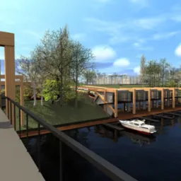 Wizualizacja przystani wodnej z minimalistyczną architekturą, drewnianymi elementami i łodzią. Dwie kobiety przechodzą przez most w słoneczny dzień.