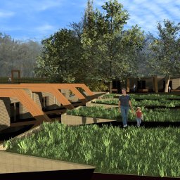 JAKUB SZELĄG PROJEKTOWANIE WNĘTRZ - Wizualizacja osiedla domków jednorodzinnych z zielonymi dachami i drewnianymi elementami, spacerująca para na pierwszym planie. Widok na tle drzew i błękitnego nieba.