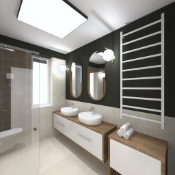 JAKUB SZELĄG PROJEKTOWANIE WNĘTRZ - Nowoczesna łazienka z dwoma owalnymi umywalkami, lustrami w złotych ramach i grzejnikiem drabinkowym. Ciemna ściana kontrastuje z jasnymi płytkami i drewnianymi elementami.