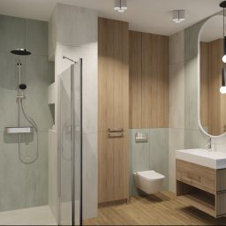 JAKUB SZELĄG PROJEKTOWANIE WNĘTRZ - Nowoczesna łazienka z kabiną prysznicową typu walk-in, wiszącą toaletą i szafką z umywalką w odcieniach drewna. Minimalistyczne oświetlenie i duże lustro.