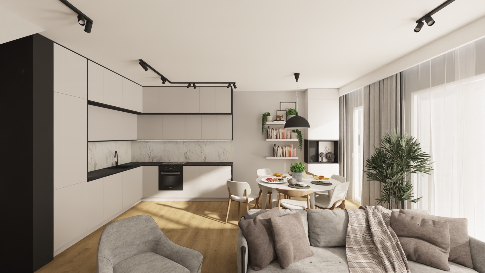 Nowoczesne wnętrze: jasna kuchnia z czarnymi akcentami, okrągły stół jadalny, szara sofa z poduszkami i fotel, drewniana podłoga, oświetlenie punktowe.