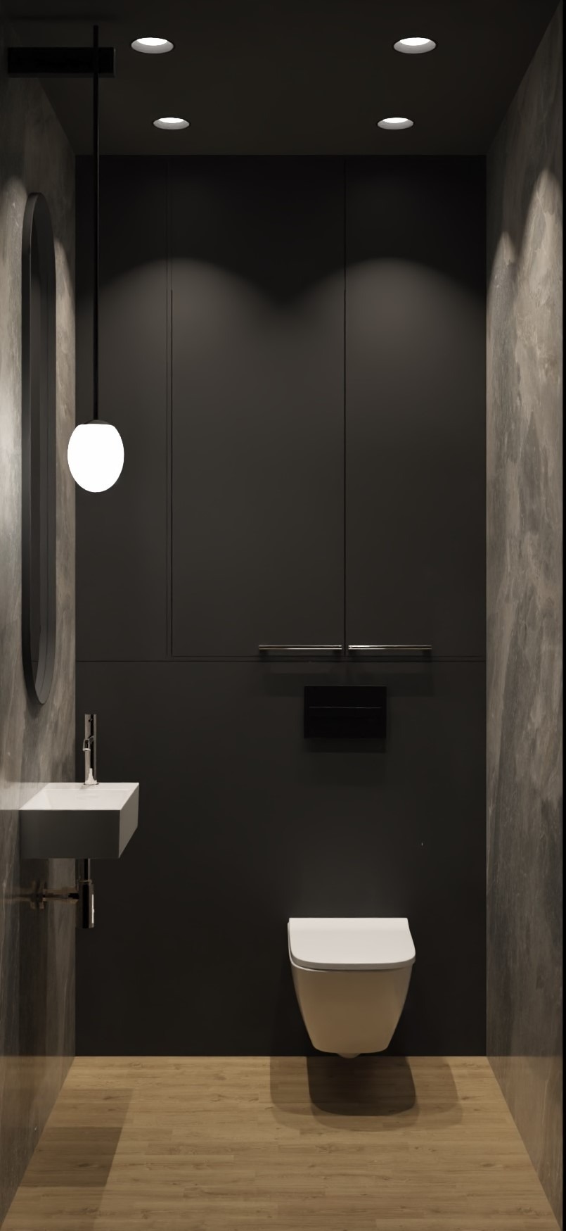 Nowoczesna, minimalistyczna łazienka w ciemnej tonacji z drewnianą podłogą. Umywalka z owalnym lustrem, podwieszana toaleta. Całość oświetlona punktowymi lampami.