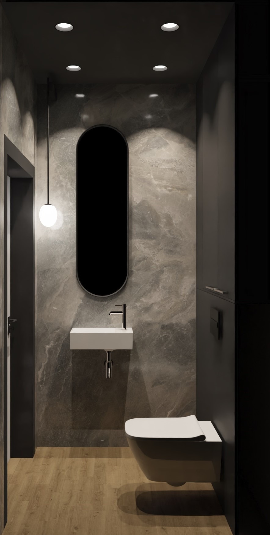 Nowoczesna łazienka z owalnym lustrem, umywalką i podwieszaną toaletą. Ściany wykończone marmurkową płytką, drewnopodobna podłoga i minimalistyczne oświetlenie.