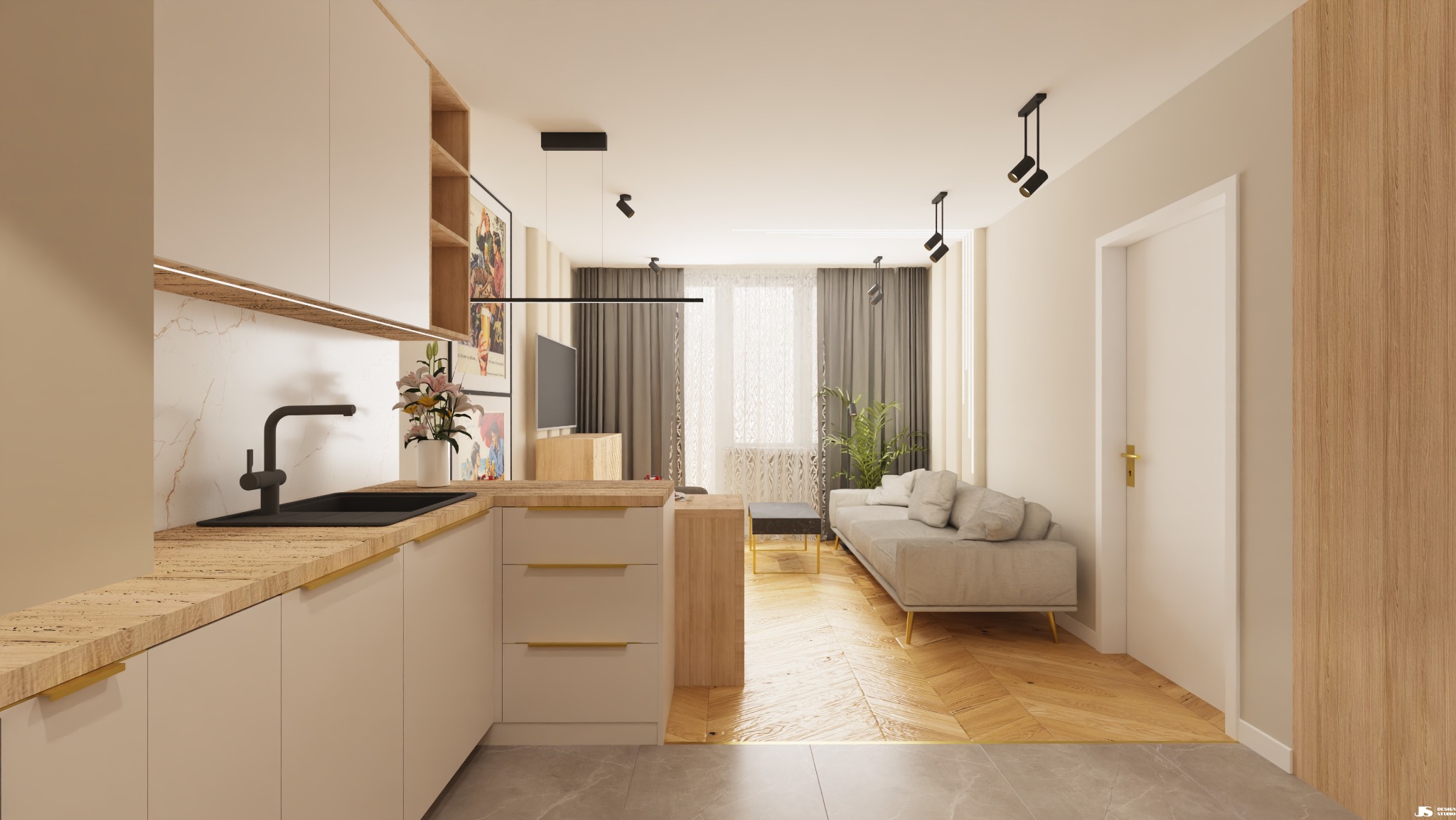 Aranżacja wnętrza: kuchnia z drewnianym blatem, salon z sofą i parkietem w jodełkę. Nowoczesne oświetlenie i neutralna kolorystyka tworzą spójną całość.