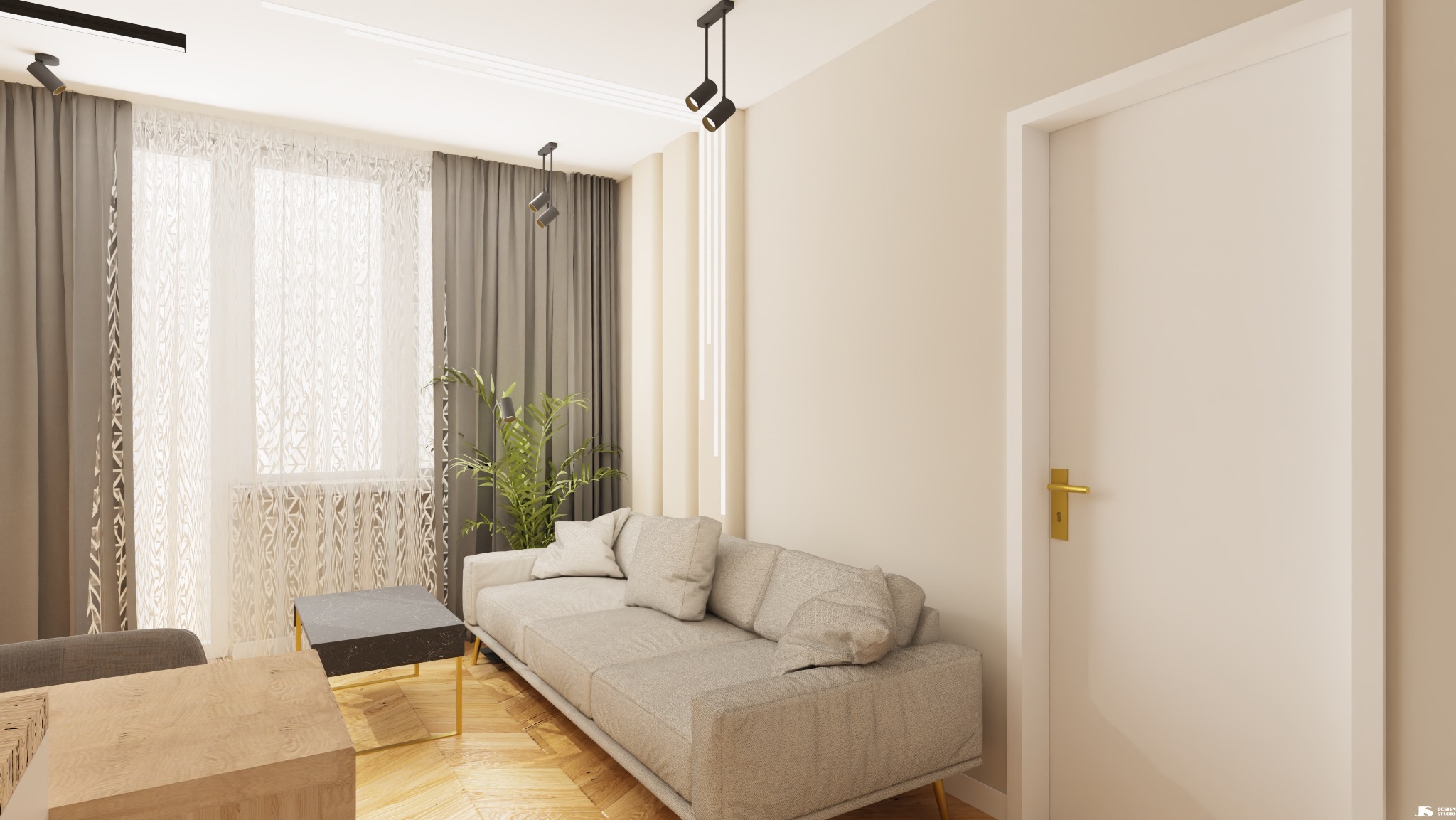 Jasny salon z drewnianą podłogą, szarą sofą z poduszkami i stolikiem kawowym. Okno z zasłonami w odcieniach szarości. Nowoczesne oświetlenie sufitowe.