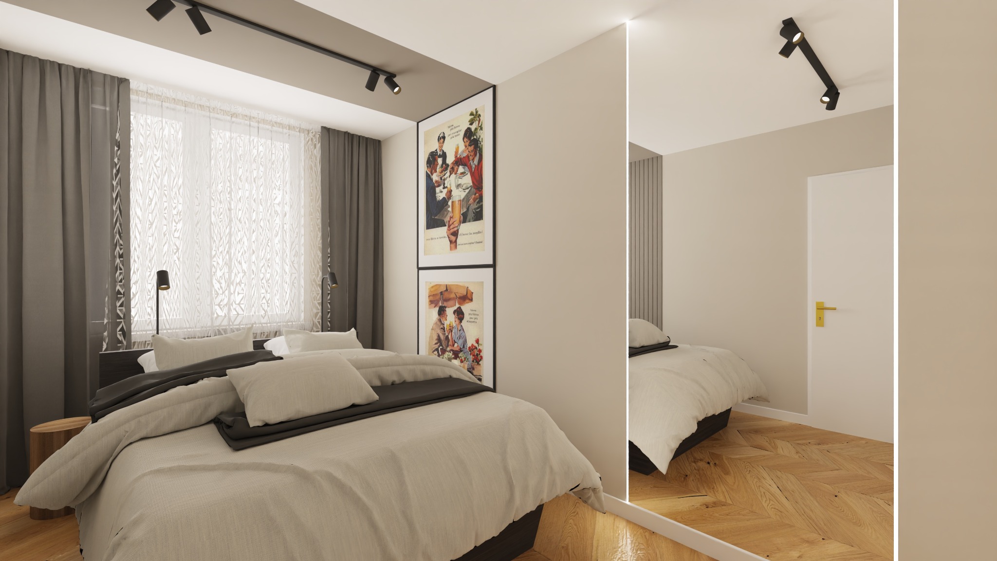 Jasna sypialnia z drewnianą podłogą w jodełkę. Na ścianie wiszą dwa plakaty w czarnych ramach. Lustro wbudowane w ścianę odbija część pokoju. Oświetlenie szynowe.
