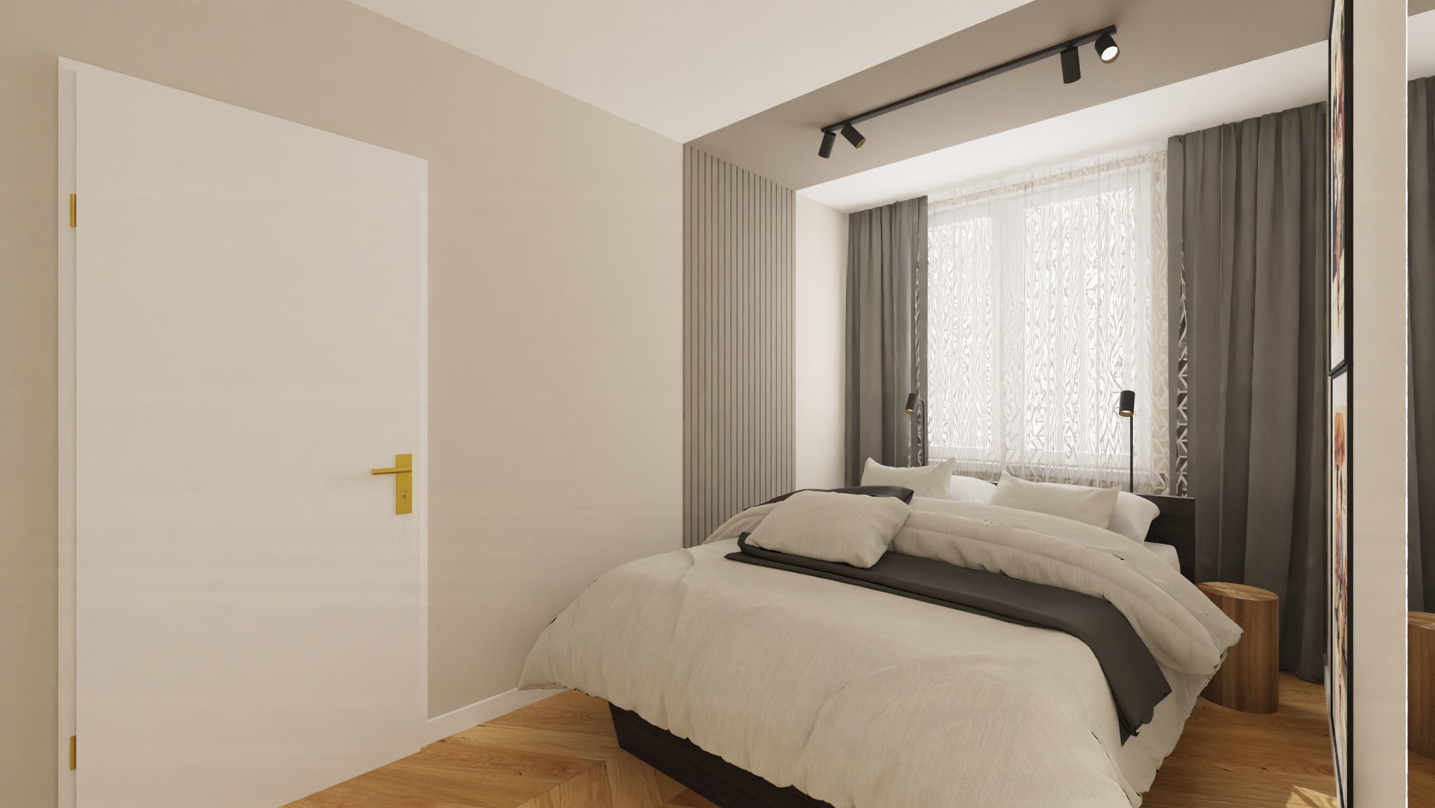 Jasna sypialnia z łóżkiem, drewnianą podłogą i dużym oknem z zasłonami. Minimalistyczny design z akcentami w postaci lamp i dekoracyjnych paneli ściennych.