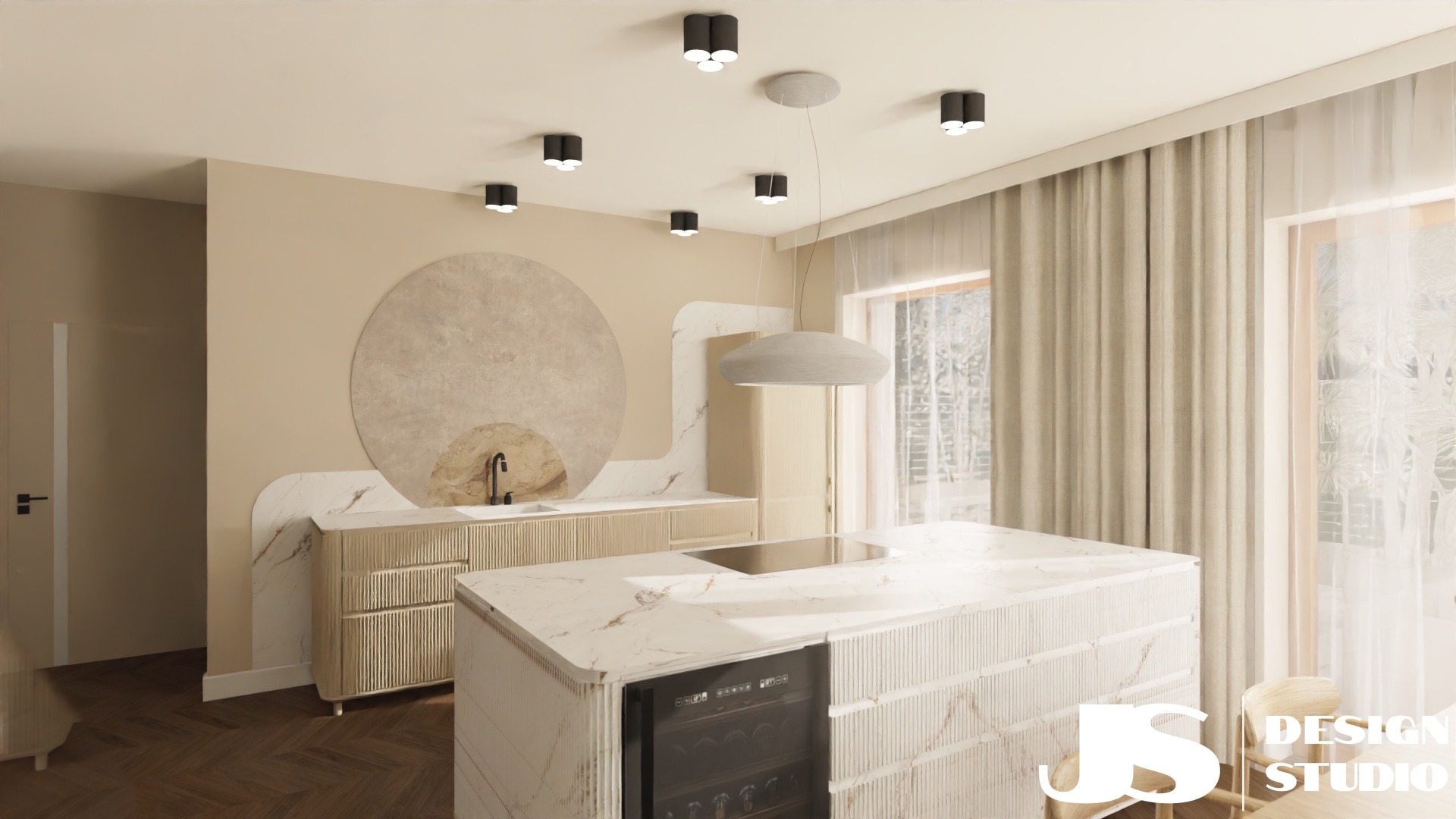 Elegancka kuchnia w beżach z marmurowym blatem i okrągłą dekoracją ścienną. Nowoczesne oświetlenie sufitowe i minimalistyczny design wyspy kuchennej z wbudowaną chłodziarką.