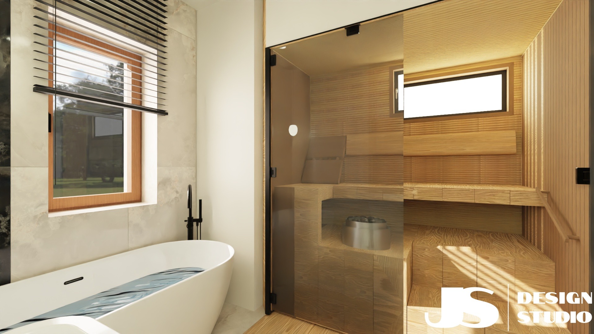 Nowoczesna łazienka z sauną: biała wanna wolnostojąca, okno z żaluzjami i przeszklona sauna z drewnianym wnętrzem. Minimalistyczny design, jasne kolory, relaksująca atmosfera.