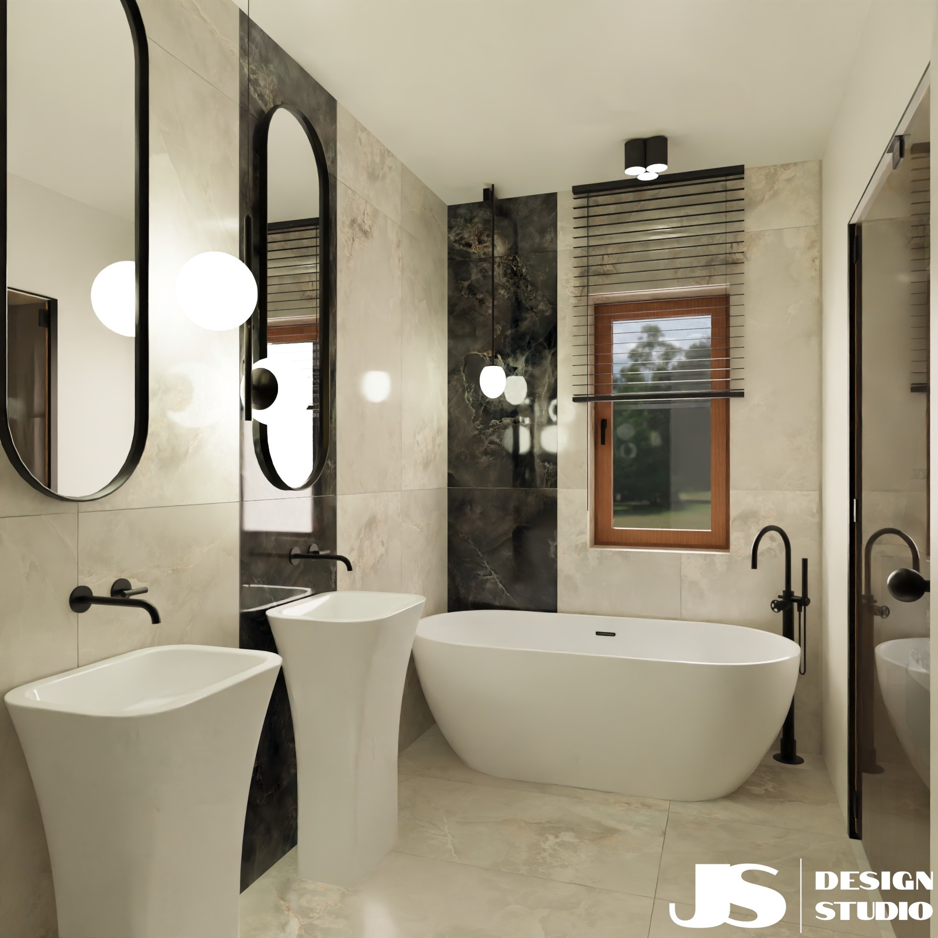 Elegancka łazienka z wolnostojącą wanną, umywalkami na postumentach i marmurowymi płytkami. Czarna armatura i lustra w cienkich, czarnych ramach dodają nowoczesnego charakteru.