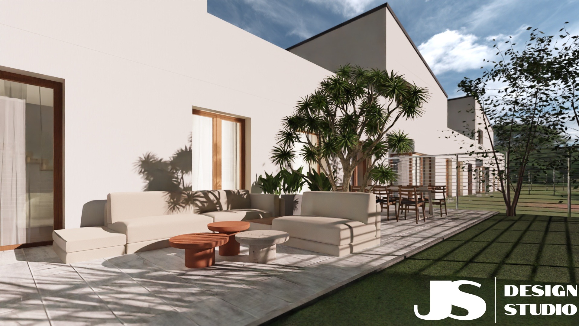 Wizualizacja tarasu z beżowymi meblami wypoczynkowymi, stolikami kawowymi i zielenią. Nowoczesny design z minimalistyczną architekturą budynku w tle.