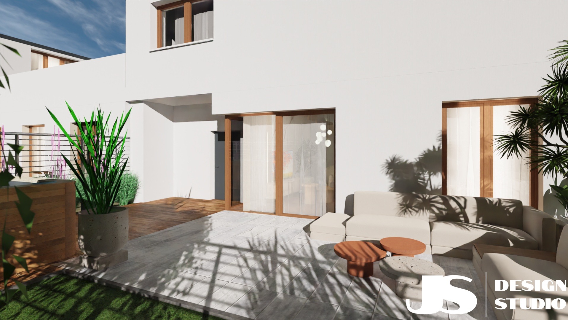Wizualizacja tarasu domu z jasną sofą modułową, okrągłymi stolikami kawowymi i roślinami w donicach. Widoczne przesuwne drzwi tarasowe i cień drzew na podłodze.