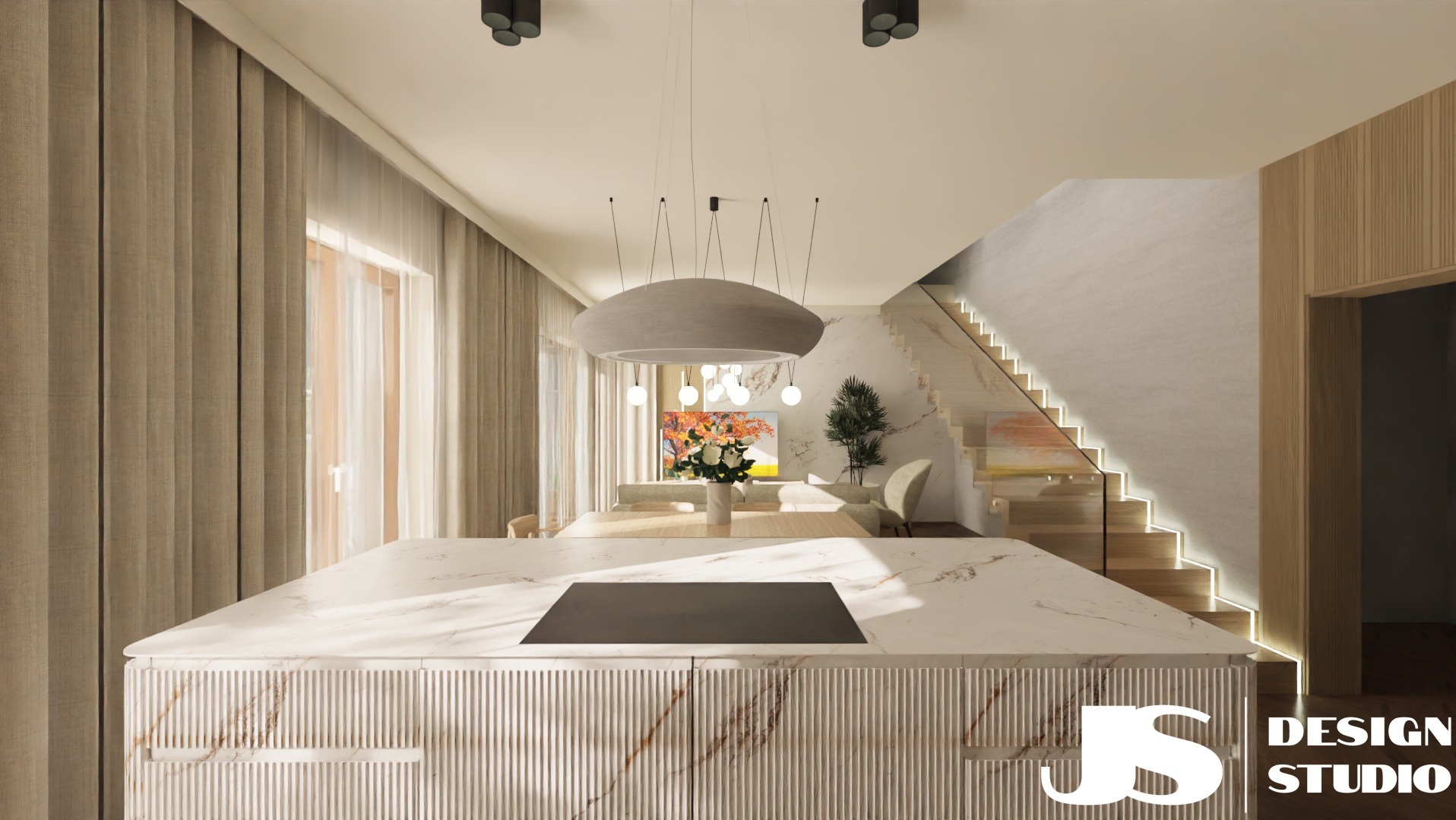 Elegancka kuchnia z marmurowym blatem i wyspą, oświetlona designerską lampą. W tle schody z podświetleniem i salon z telewizorem. Stonowana kolorystyka, nowoczesny design.