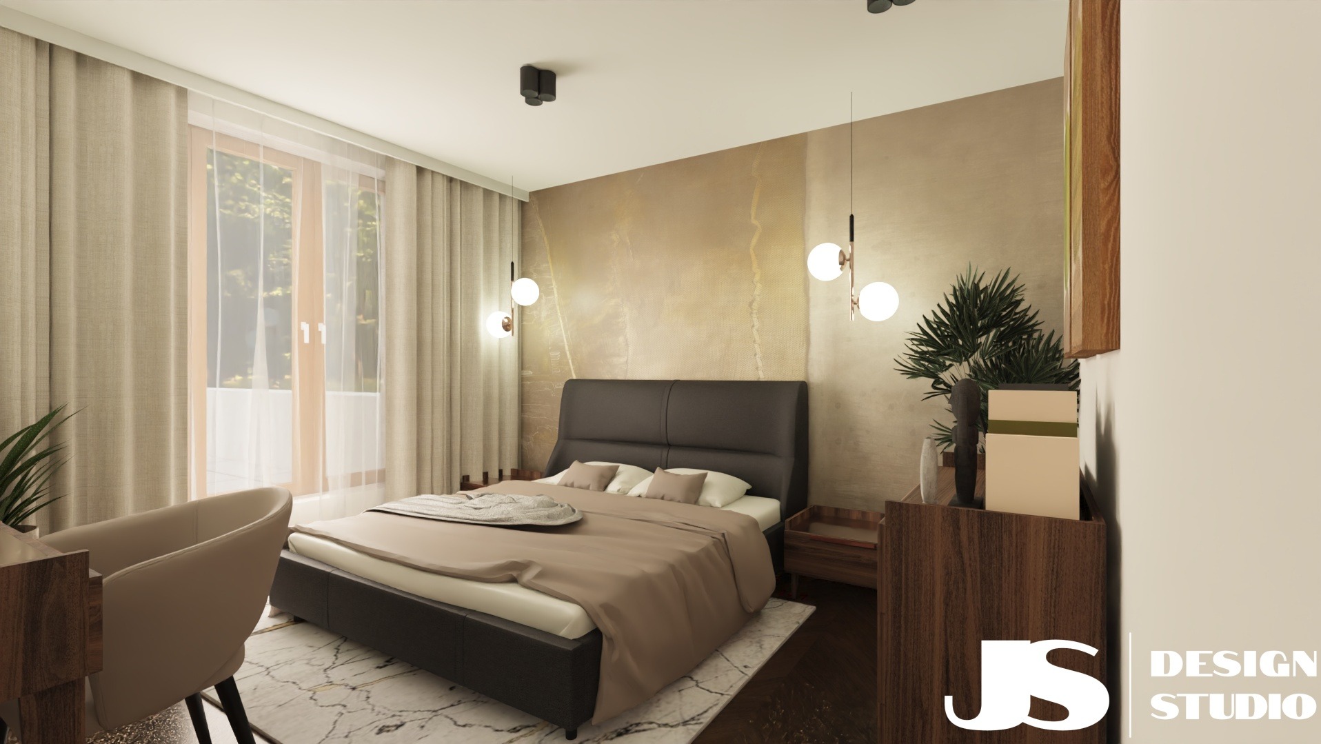 Nowoczesna sypialnia z łóżkiem kontynentalnym, beżową pościelą i marmurowym dywanem. Ściana w odcieniach beżu, wiszące lampy kuliste. Widok na okno z zasłonami.