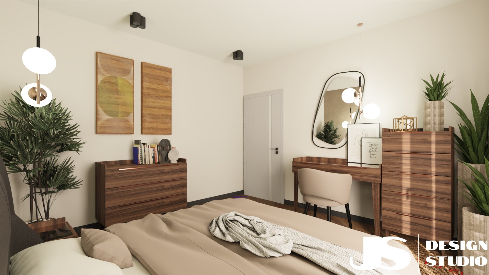 Jasna sypialnia z drewnianymi komodami, toaletką i asymetrycznym lustrem. Dwa obrazy na ścianie. Rośliny doniczkowe dodają wnętrzu świeżości. Minimalistyczny design.