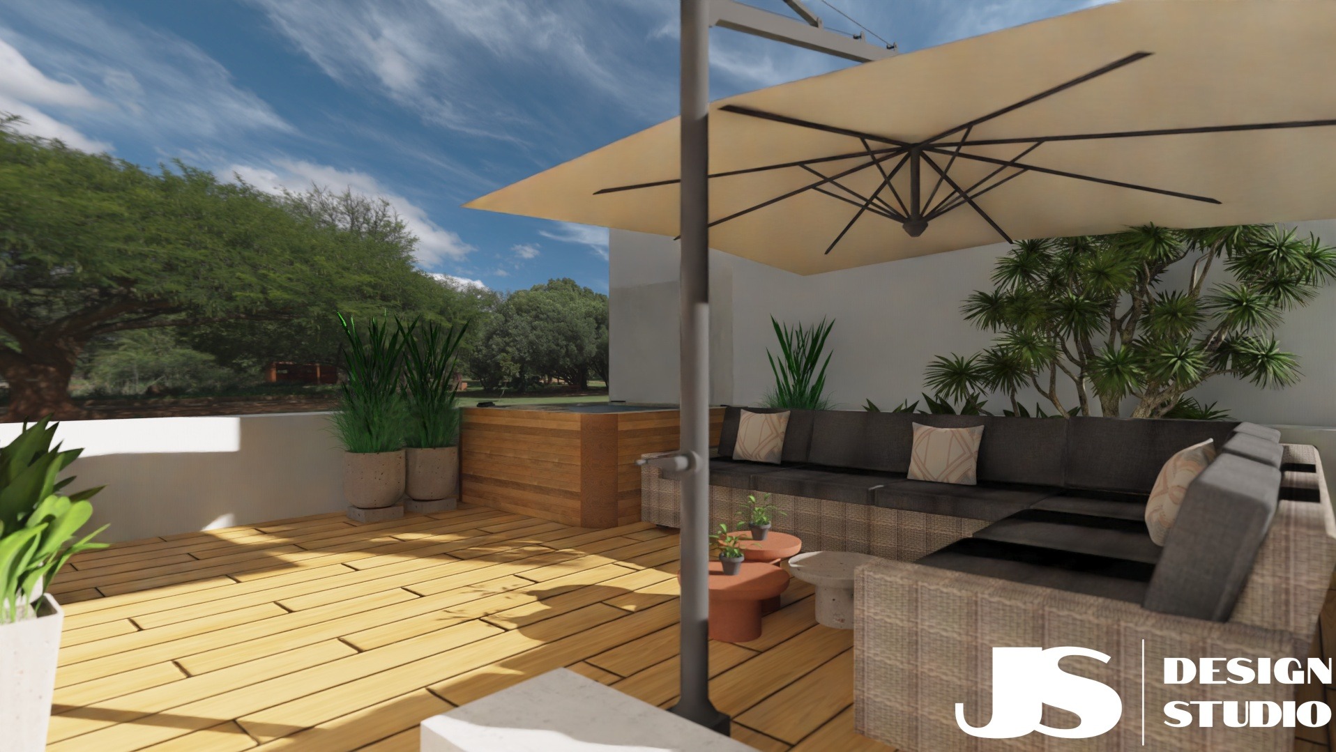 Wizualizacja tarasu z drewnianą podłogą, rattanowym narożnikiem z poduszkami, roślinami w donicach i parasolem przeciwsłonecznym. Widok na ogród w tle.
