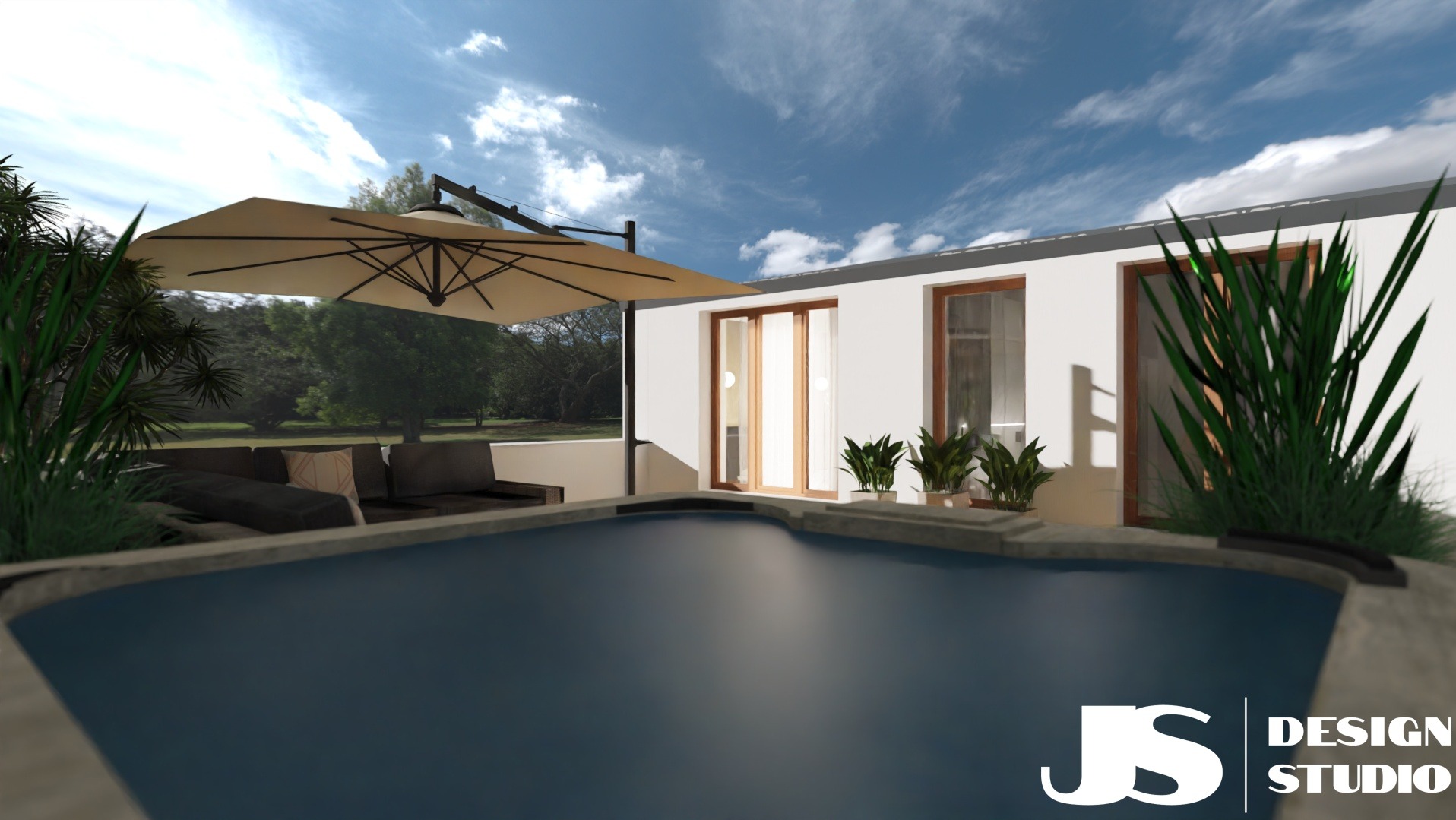 Wizualizacja 3D tarasu z basenem i meblami ogrodowymi, jasna kolorystyka, nowoczesny design, rośliny ozdobne, błękitne niebo z chmurami w tle, logo JS Design Studio.