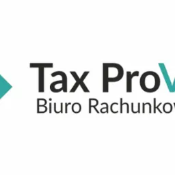 Logo firmy Tax ProVision Biuro Rachunkowe z turkusowym symbolem graficznym po lewej stronie i czarnym napisem nazwy firmy po prawej.