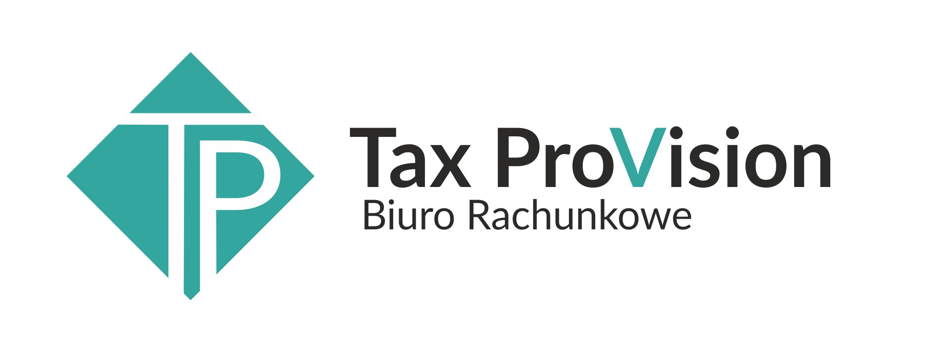 Logo firmy Tax ProVision Biuro Rachunkowe z turkusowym symbolem graficznym po lewej stronie i czarnym napisem nazwy firmy po prawej.