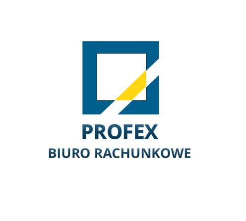 Logo firmy PROFEX Biuro Rachunkowe z niebieskim kwadratem przeciętym żółtym paskiem. Nazwa firmy ciemnoniebieska, dwuwierszowa, pod symbolem graficznym.