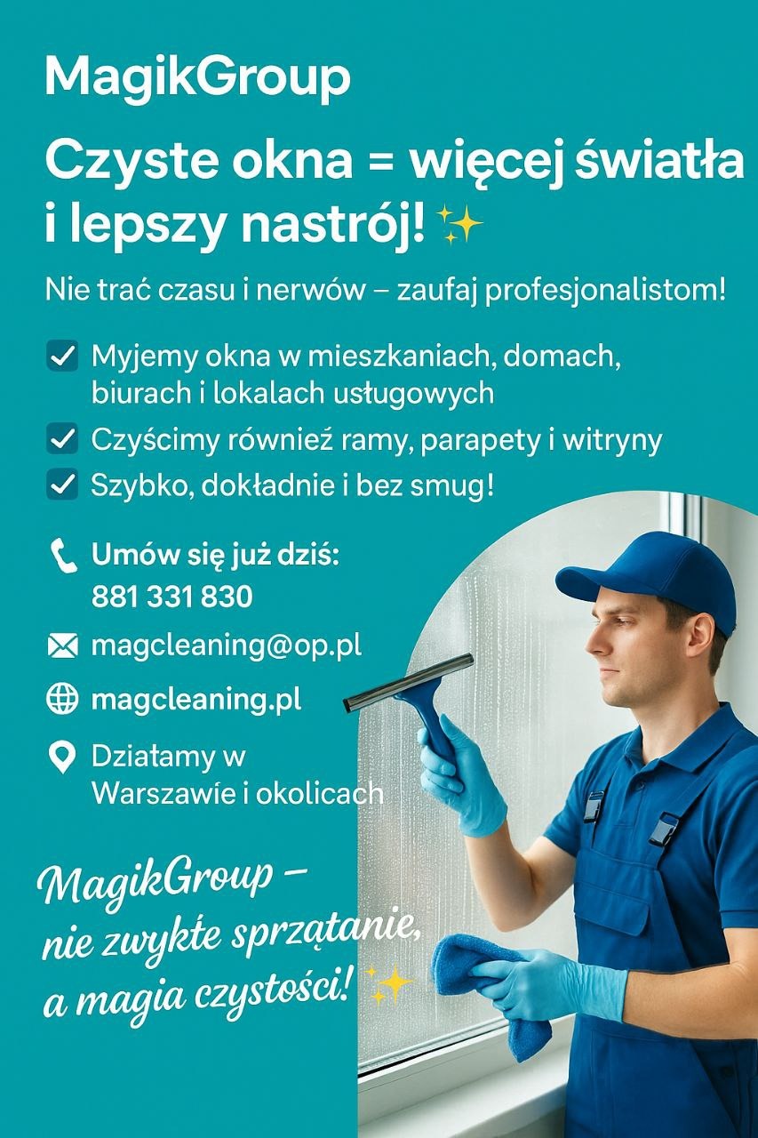 Mężczyzna w niebieskim uniformie myje okno za pomocą ściągaczki. Widoczne krople wody na szybie i logo firmy sprzątającej.